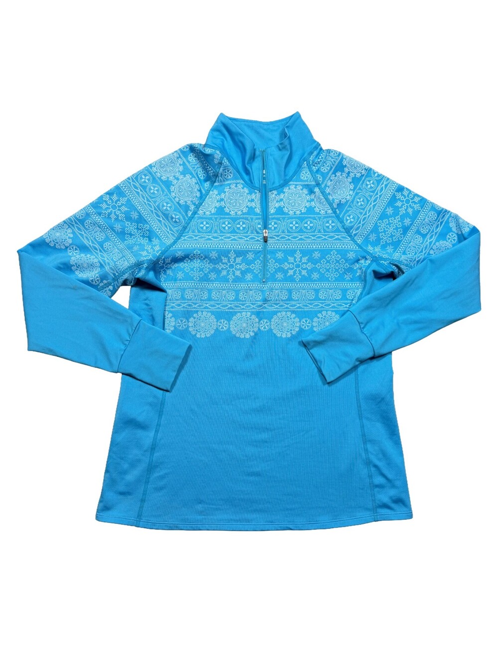 Snow Angel Chami Women L Blue Nordic Print 1/4 Zip Baselayer Ski Snowboard Top
